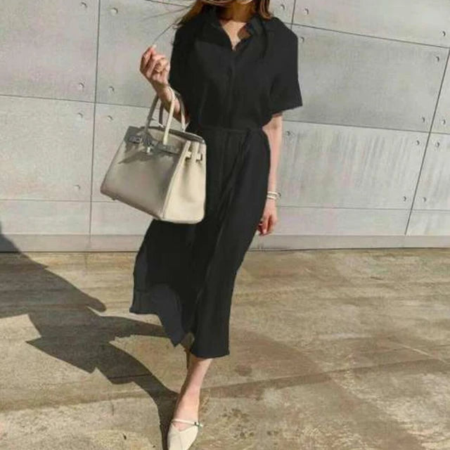 Aukje - Dames casual katoen en linnen polo hals enkele rij lange jurk