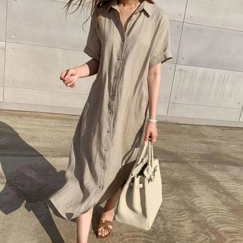 Aukje - Dames casual katoen en linnen polo hals enkele rij lange jurk