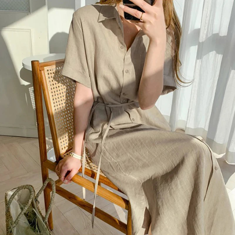 Aukje - Dames casual katoen en linnen polo hals enkele rij lange jurk
