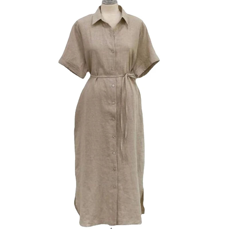 Aukje - Dames casual katoen en linnen polo hals enkele rij lange jurk