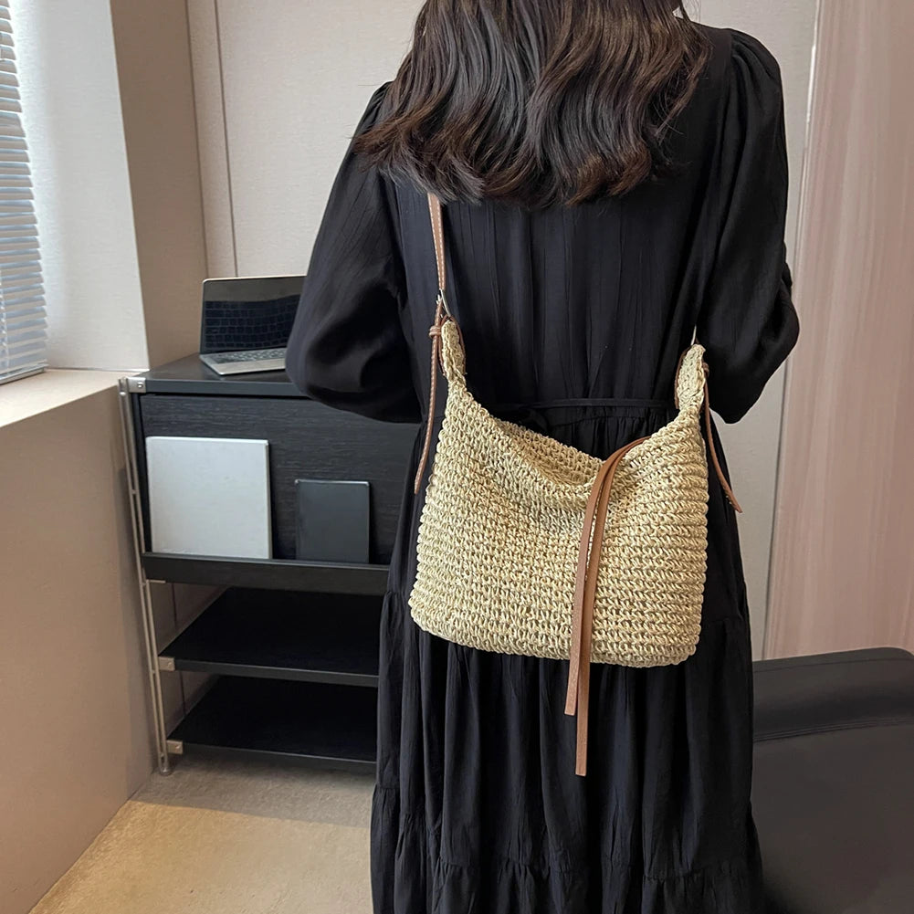 EMMA - Bohemian Style Stro geweven Schoudertas met ritssluiting voor vrouwen
