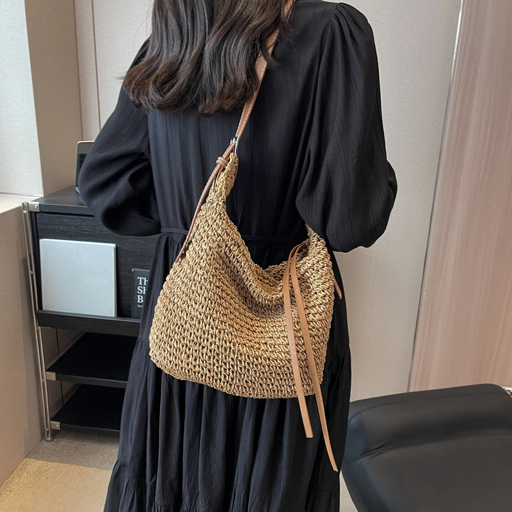 EMMA - Bohemian Style Stro geweven Schoudertas met ritssluiting voor vrouwen