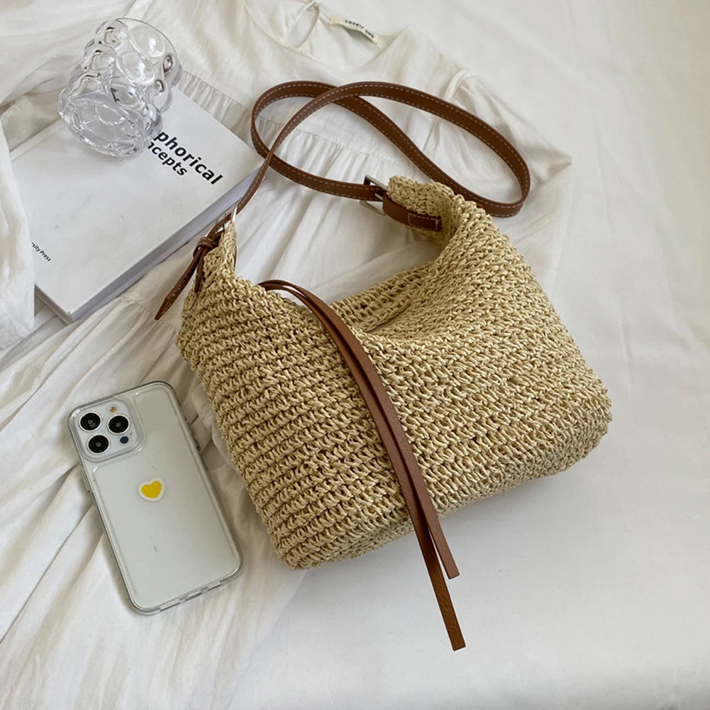 EMMA - Bohemian Style Stro geweven Schoudertas met ritssluiting voor vrouwen