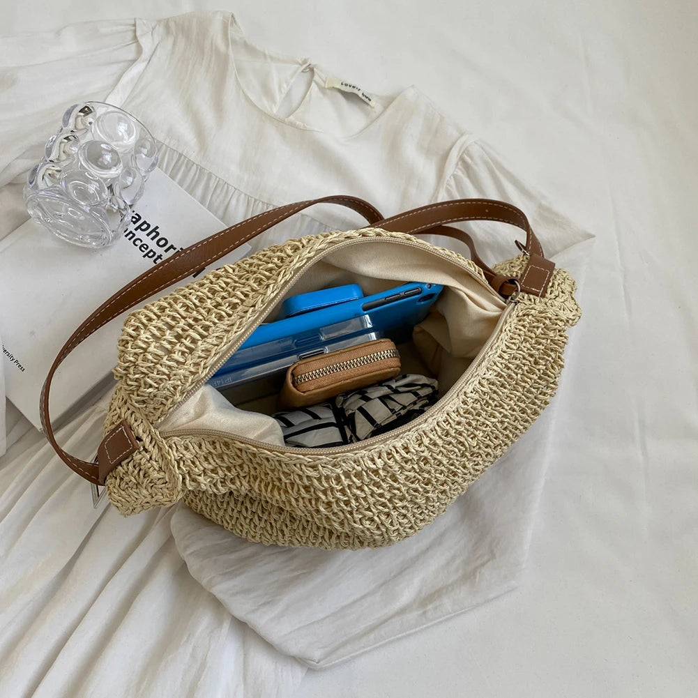 EMMA - Bohemian Style Stro geweven Schoudertas met ritssluiting voor vrouwen