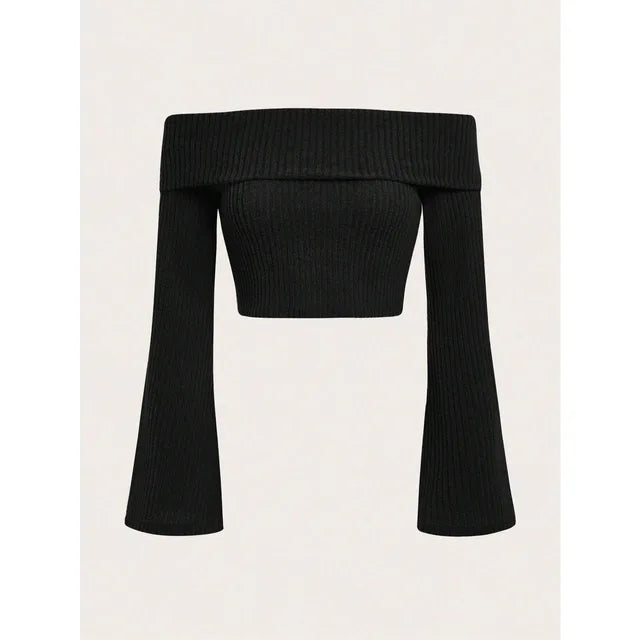 Emma - Dames Ribgebreid Schouderloos Slim Fit Crop Top