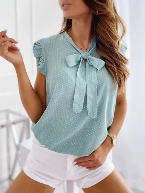 Caroline - Dames Zomerse Casual Mouwloze Blouse met Polka Dot, Ruches en Strik Detail