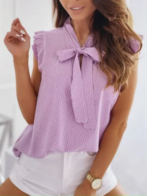 Caroline - Dames Zomerse Casual Mouwloze Blouse met Polka Dot, Ruches en Strik Detail