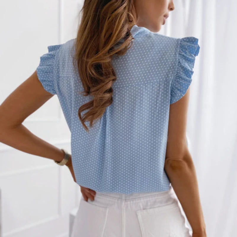 Caroline - Dames Zomerse Casual Mouwloze Blouse met Polka Dot, Ruches en Strik Detail