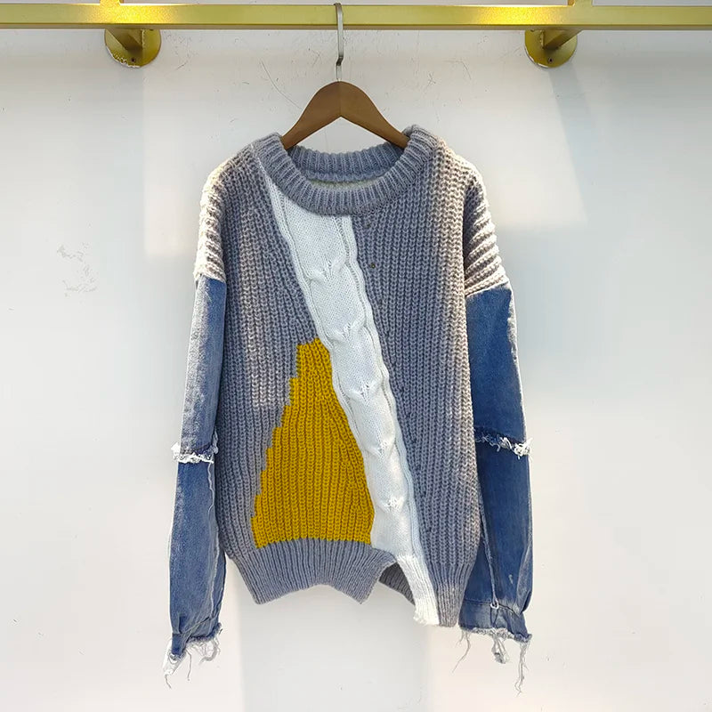 Romina - Hippe Hip-Hop Denim Stitching Sweater