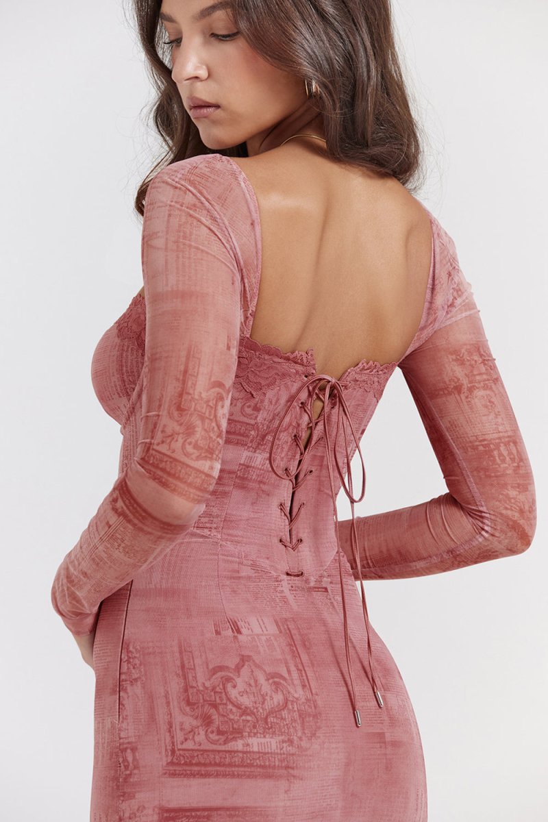 HELEEN - Mooie roze bodycon-jurk met vierkante halslijn en strikdetail op rug