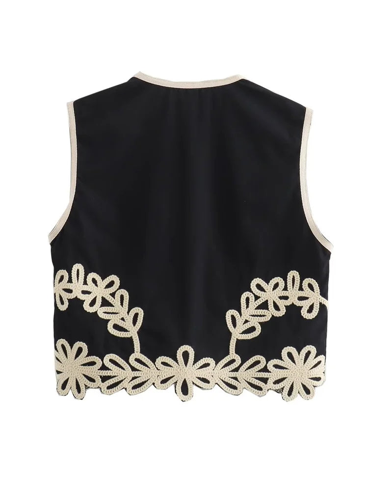 Kezia - Elegant damesvest met V-hals en bloemenapplicatie en borduursel