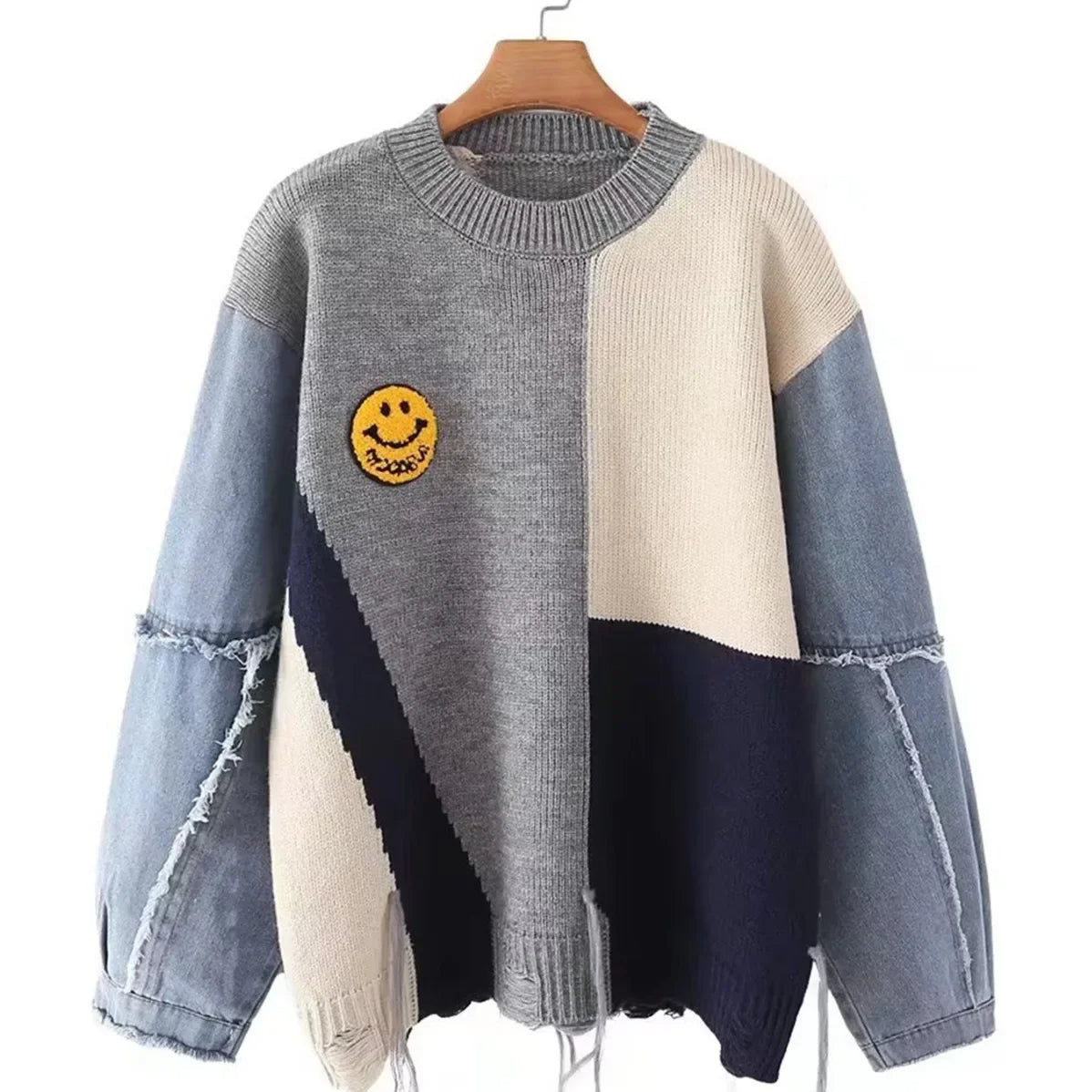 Odalys - Herfst/Winter Loose-Fit Denim Patchwork Smiley Face Sweater Voor Vrouwen