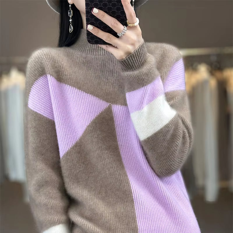 Juna - Stijlvolle Color Block Half Hoge Hals Trui