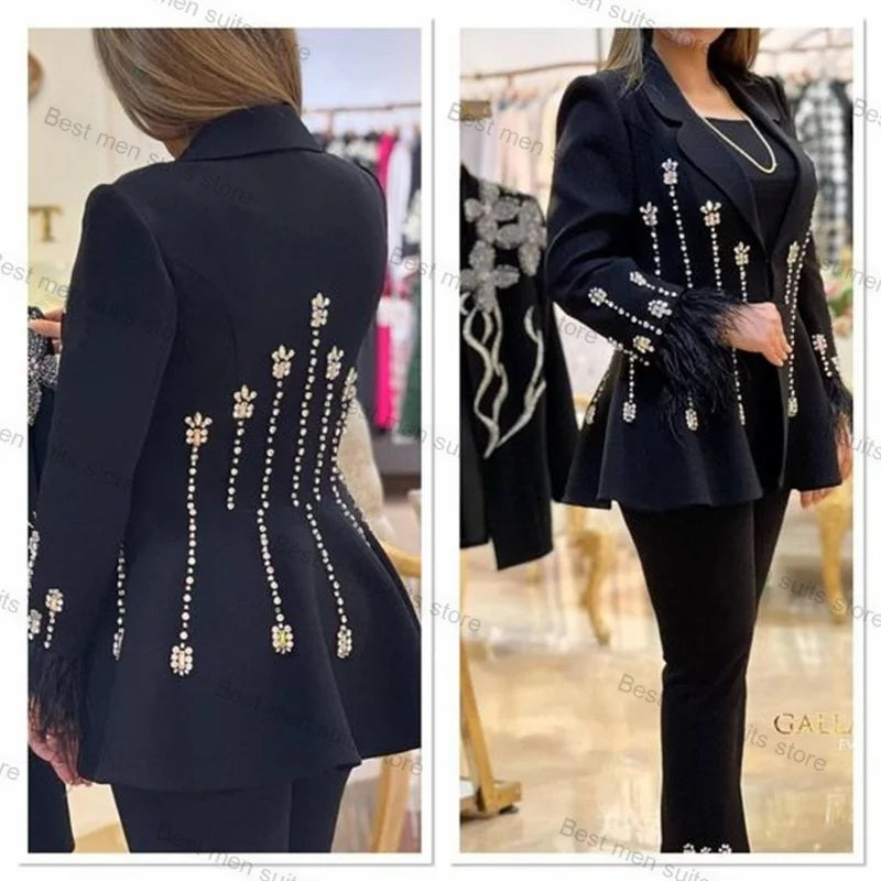 Tinashe -  Luxe zwart veren dames pak broek set