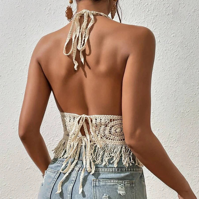 Kaat - Dames Gebreid Hollow Out Kwastjes Achterloos Tank Crop Top