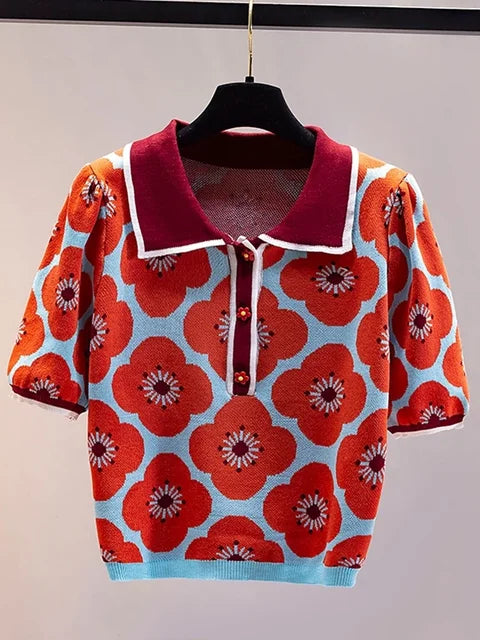 Louise - Dames Zomer Vintage Bloemenprint Knopen Gebreid Crop Top met Dunne Pofmouw
