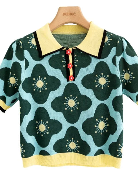 Louise - Dames Zomer Vintage Bloemenprint Knopen Gebreid Crop Top met Dunne Pofmouw