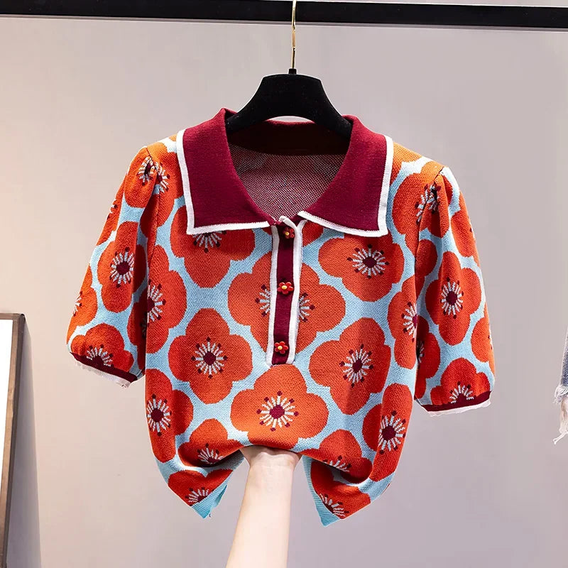 Louise - Dames Zomer Vintage Bloemenprint Knopen Gebreid Crop Top met Dunne Pofmouw
