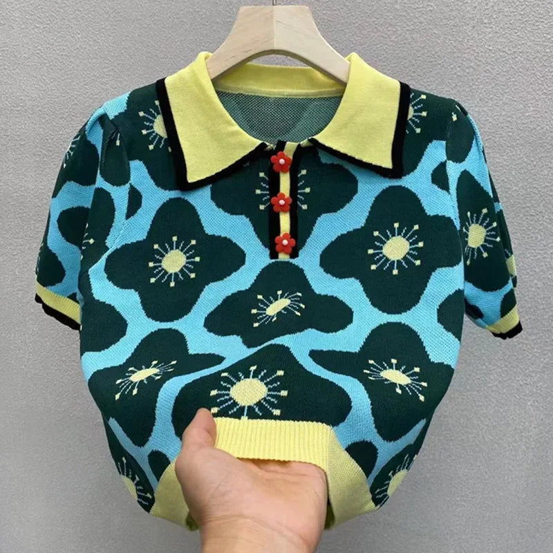 Louise - Dames Zomer Vintage Bloemenprint Knopen Gebreid Crop Top met Dunne Pofmouw