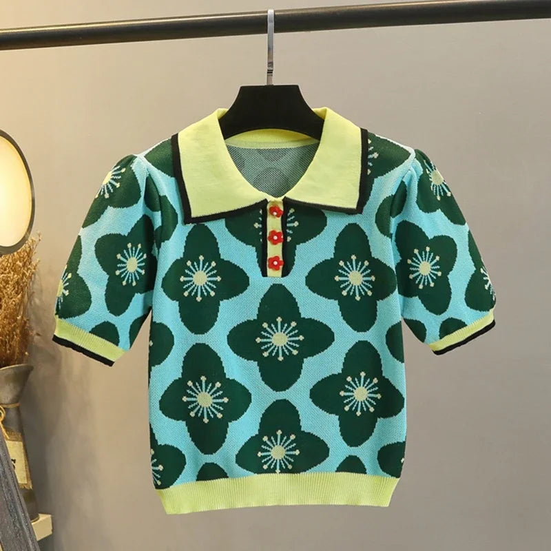 Louise - Dames Zomer Vintage Bloemenprint Knopen Gebreid Crop Top met Dunne Pofmouw