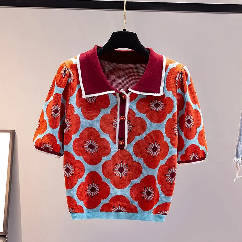 Louise - Dames Zomer Vintage Bloemenprint Knopen Gebreid Crop Top met Dunne Pofmouw