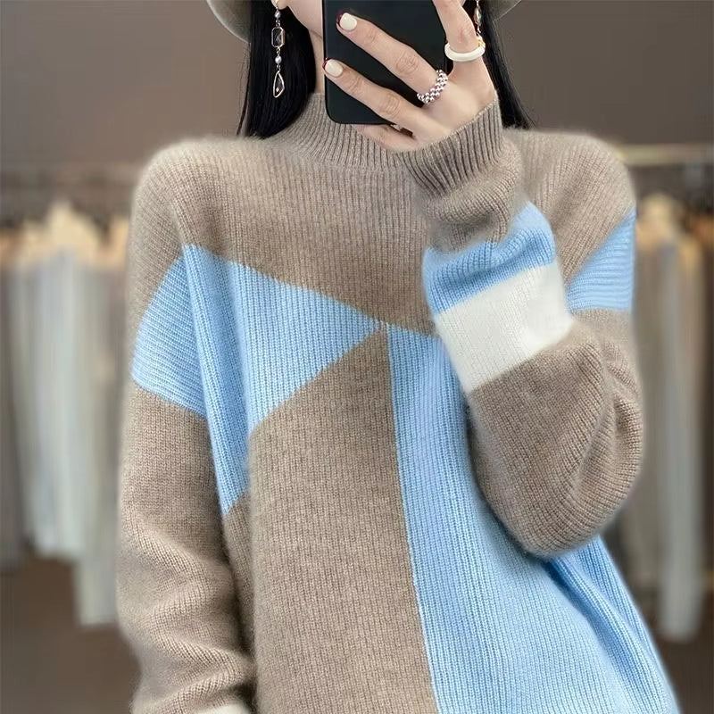 Juna - Stijlvolle Color Block Half Hoge Hals Trui