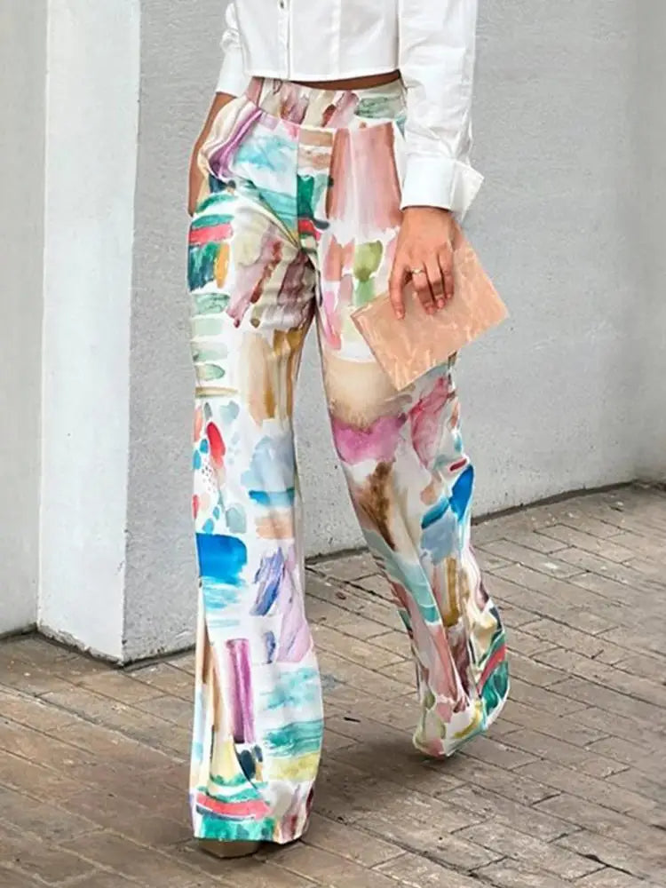 Roosmarijn - Broek met hoge taille en rechte pijpen, bedrukte damesmode