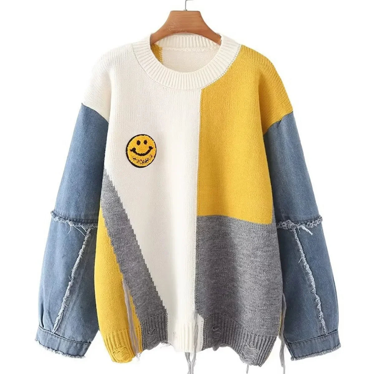 Odalys - Herfst/Winter Loose-Fit Denim Patchwork Smiley Face Sweater Voor Vrouwen