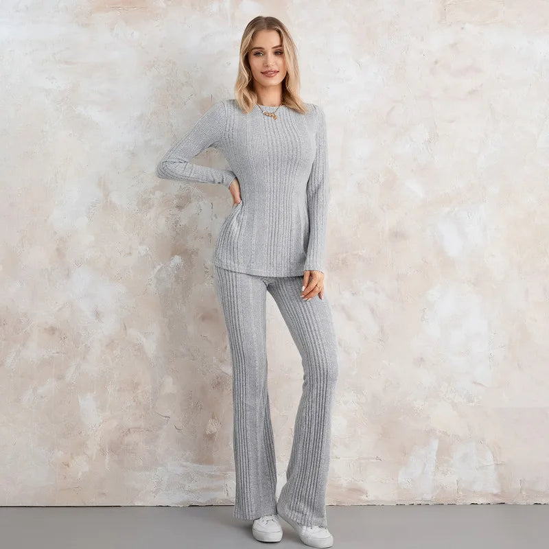 Raina - Chique effen kleur top met lange mouwen & bootcut broek