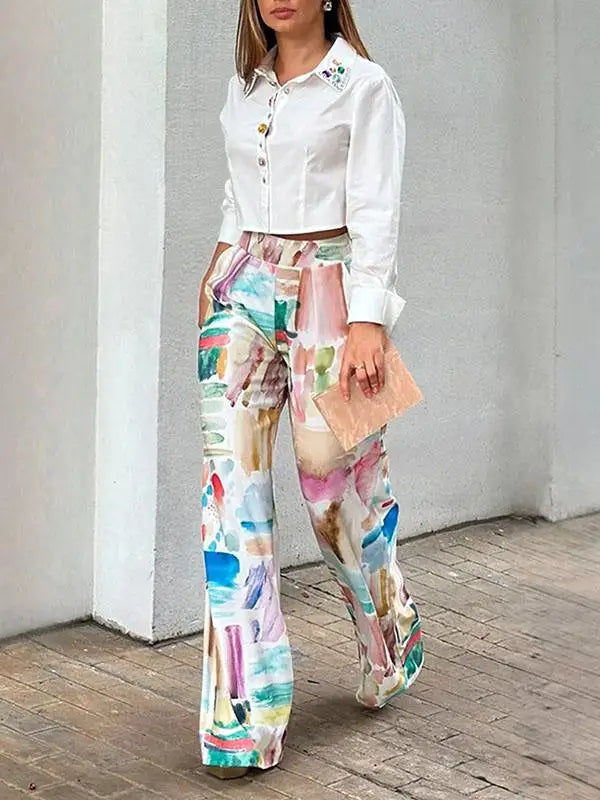 Roosmarijn - Broek met hoge taille en rechte pijpen, bedrukte damesmode