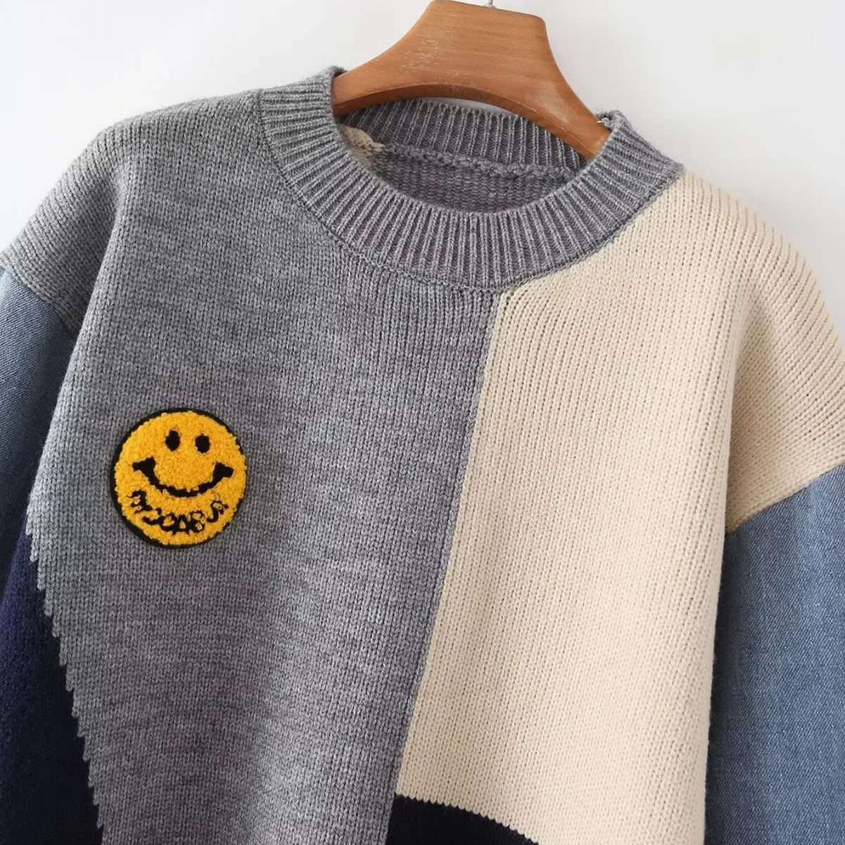Odalys - Herfst/Winter Loose-Fit Denim Patchwork Smiley Face Sweater Voor Vrouwen
