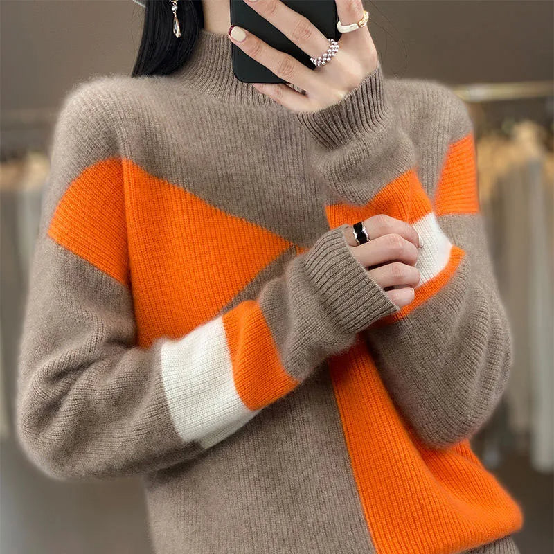 Juna - Stijlvolle Color Block Half Hoge Hals Trui