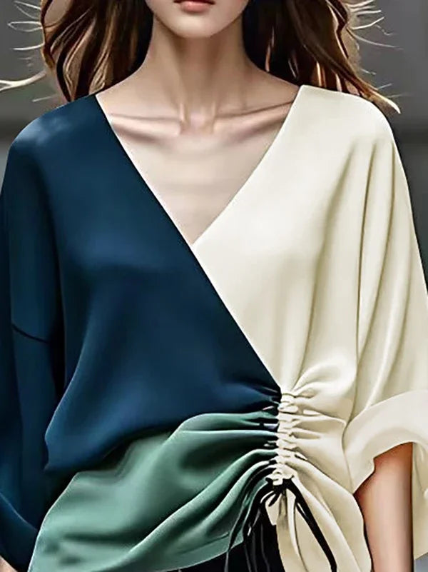 Frederika - Vrouwen Elegante Contrast Kleur Trekkoord Blouse