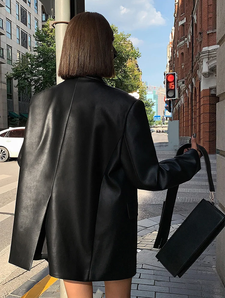 TOOS - Dames losvallende enkele rij casual PU-leren blazer met lange mouwen