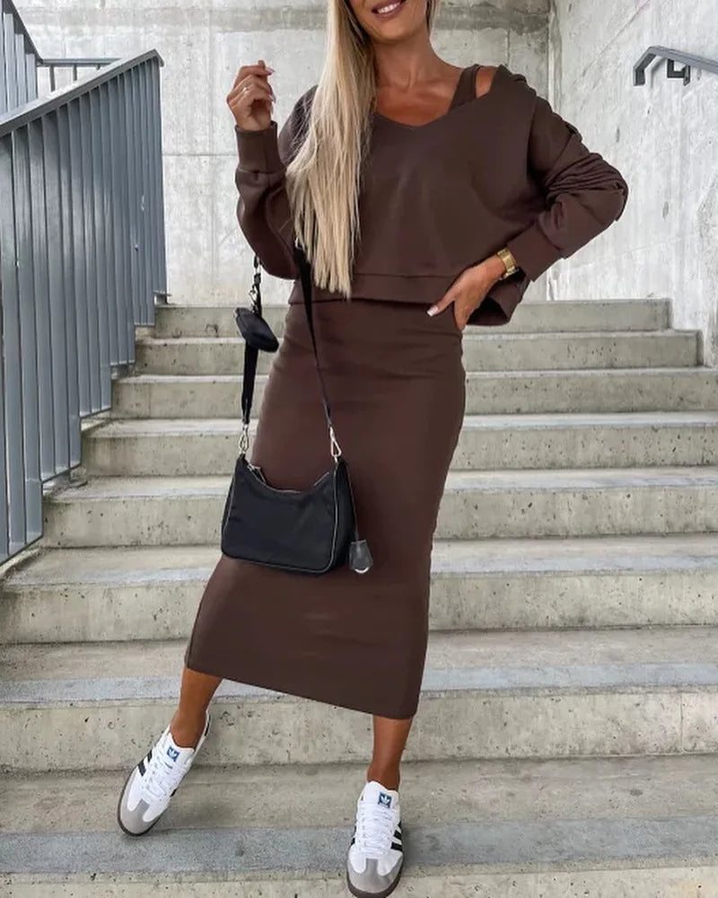 Nela - Women’s Herfst Winter Lange Mouw Pullover Sweater & Mouwloze Bijpassende Jurk Suit