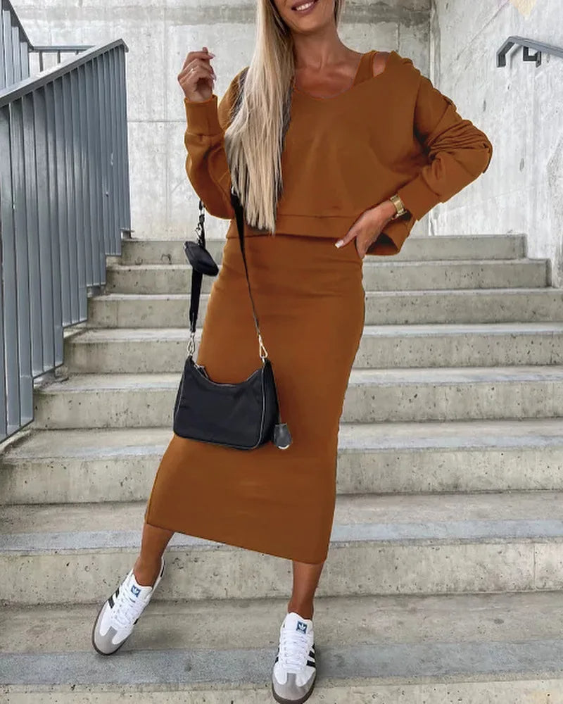 Nela - Women’s Herfst Winter Lange Mouw Pullover Sweater & Mouwloze Bijpassende Jurk Suit