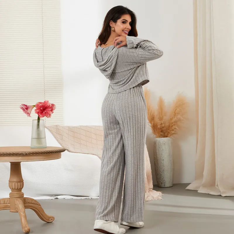 Oriana - Dames Stylish Geribde Hoodie & Broek Met Brede Benen