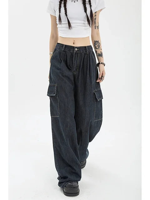 SASKIA - Dames Baggy Blauwe Cargo Jeans