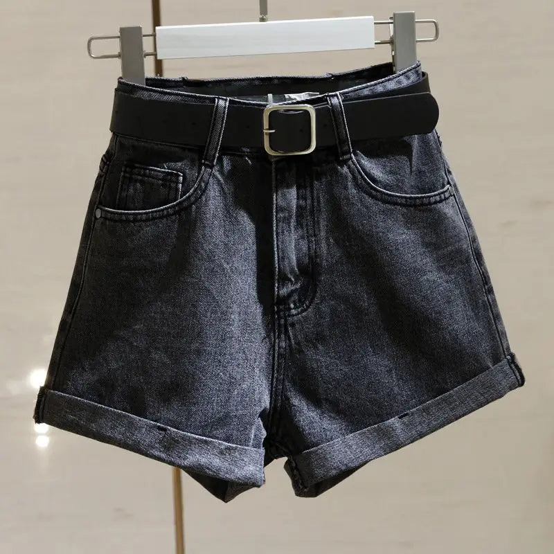 PAULIEN - Dames Casual Hoge Taille Effen Kleur Denim Shorts met Losse Wijde A-lijn