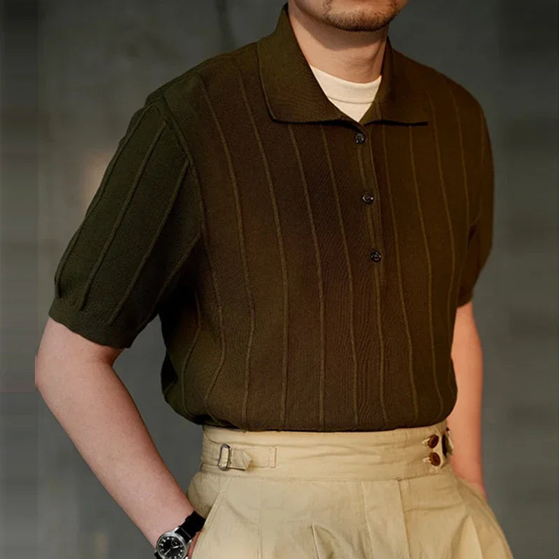 JONATHAN - Heren Casual Effen Gebreid Ademend Kortmouw Geribbeld Polo Shirt
