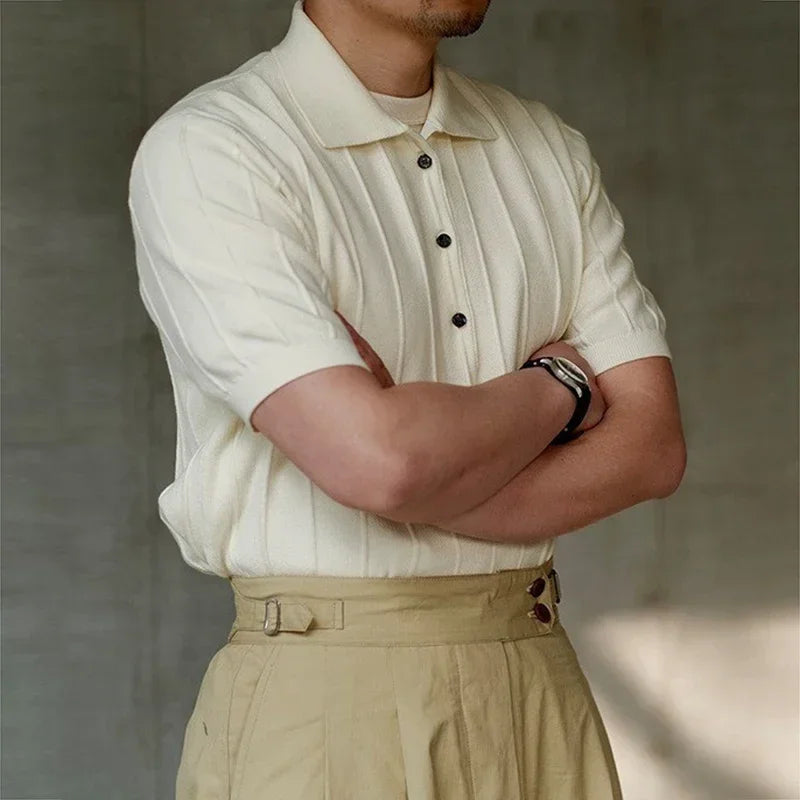 JONATHAN - Heren Casual Effen Gebreid Ademend Kortmouw Geribbeld Polo Shirt