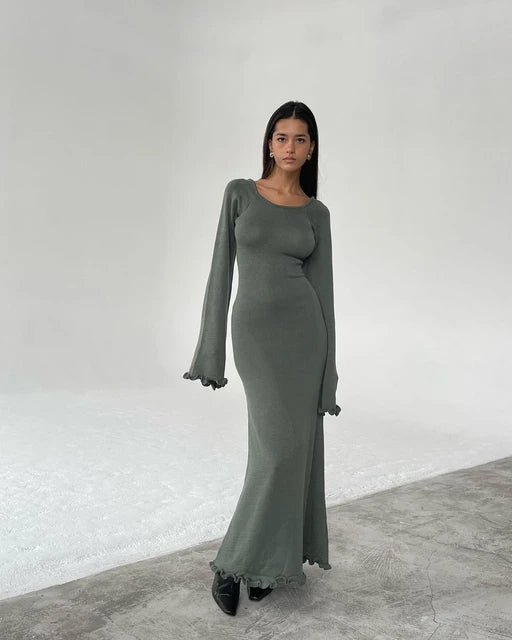 MARGARETHA - Dames Gebreid Sweater Maxi Jurk met uitlopende Mouwen