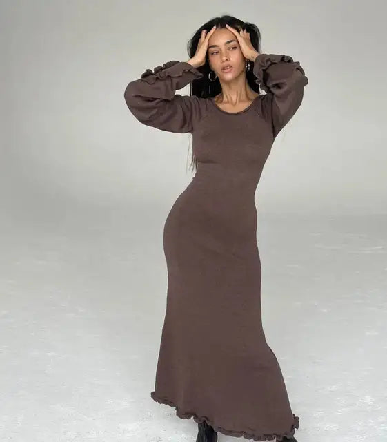 MARGARETHA - Dames Gebreid Sweater Maxi Jurk met uitlopende Mouwen