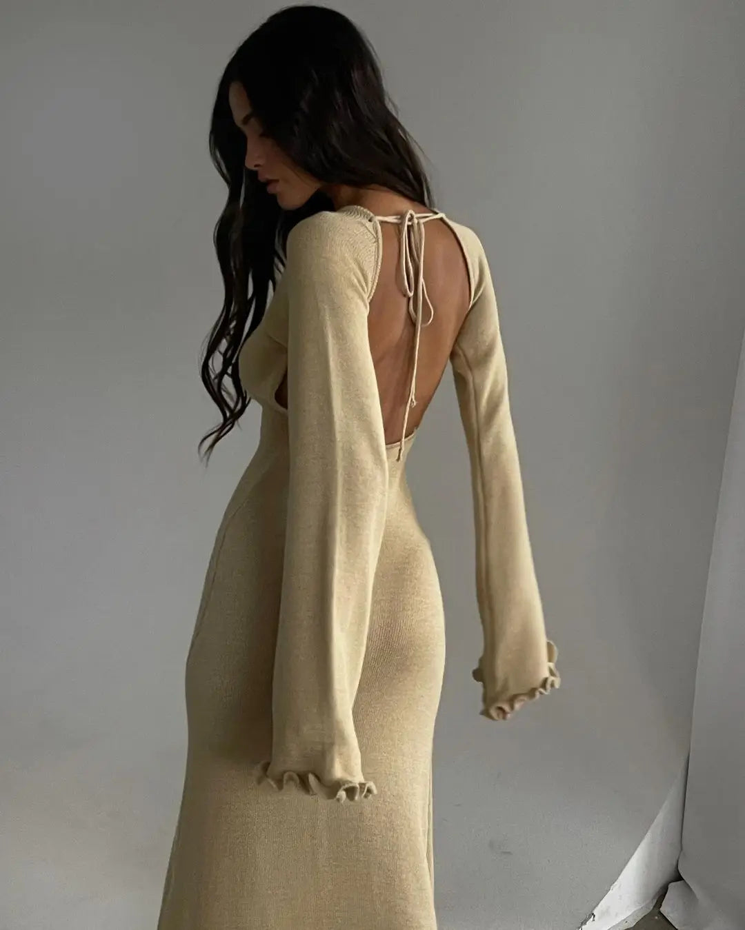 MARGARETHA - Dames Gebreid Sweater Maxi Jurk met uitlopende Mouwen