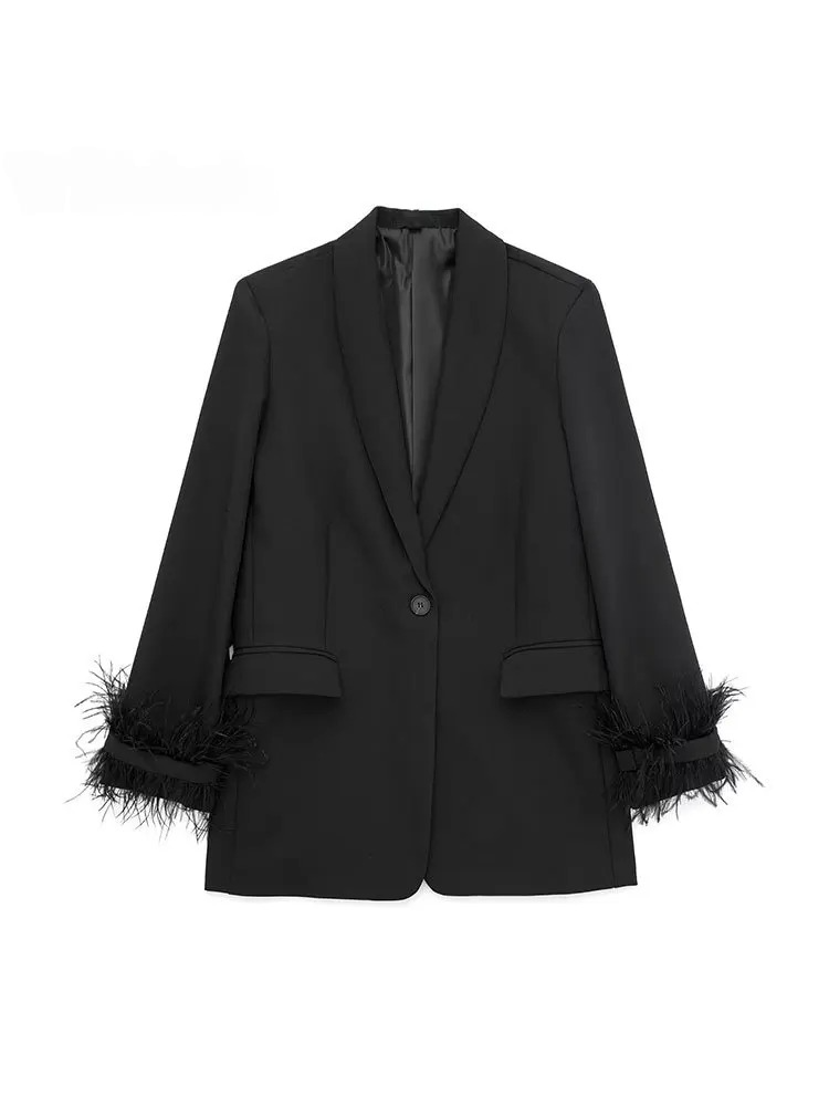 SASKIA - Dames Vintage Satijnen Zwarte Blazer Jas met Veren Detail en Enkele Knoopsluiting