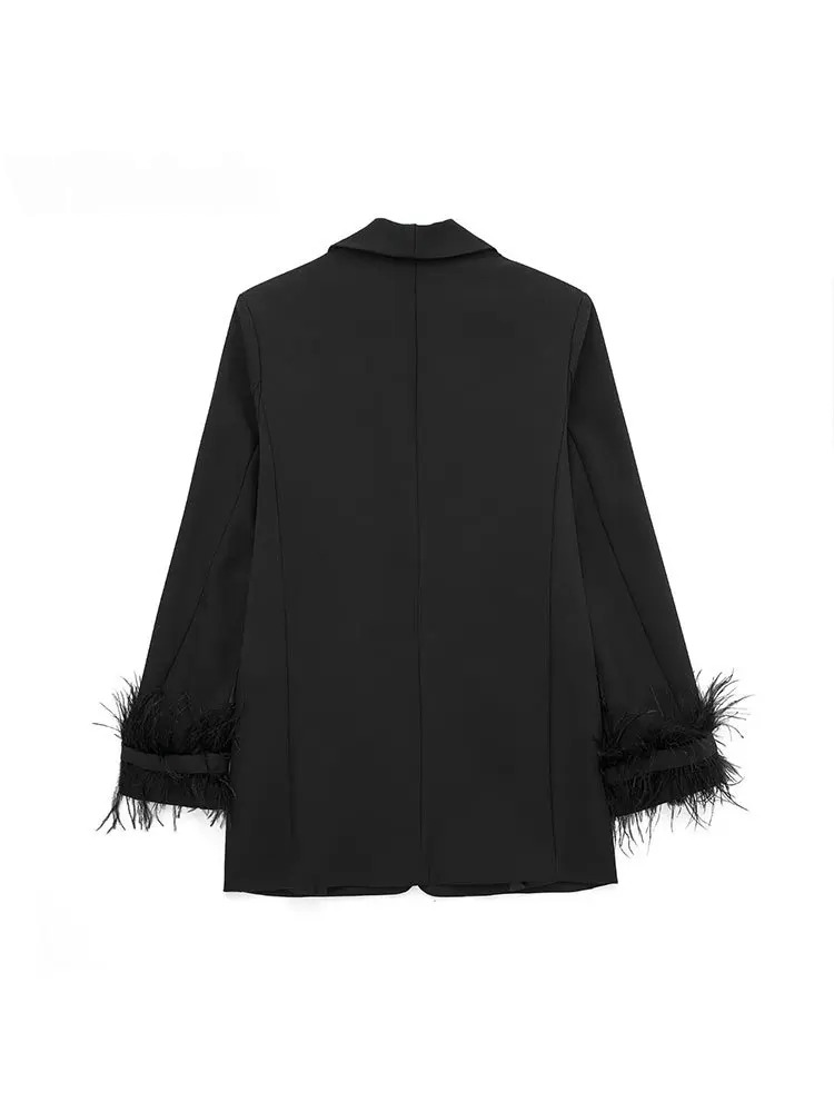 SASKIA - Dames Vintage Satijnen Zwarte Blazer Jas met Veren Detail en Enkele Knoopsluiting