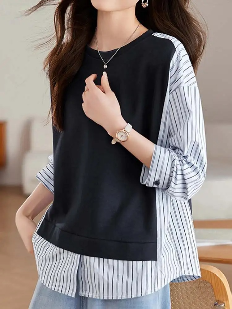 Malika - Effen tweedelige gestreepte damesblouse