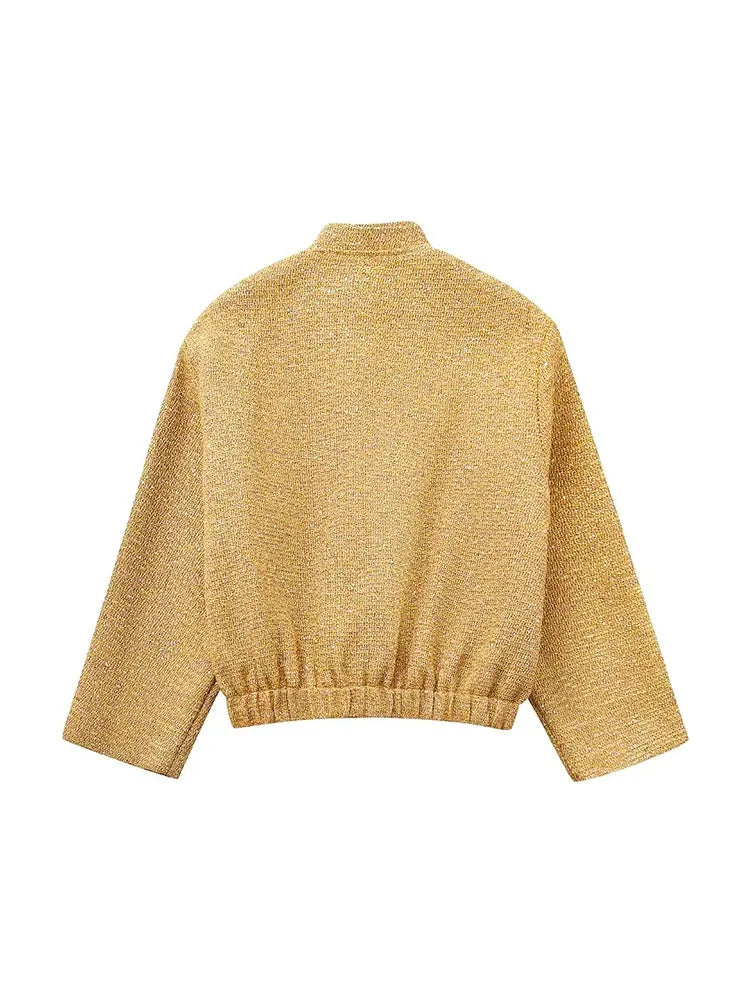 LOWIENA - Dames Loszittende Pailletten Gouden Bomberjack met Opstaande Kraag