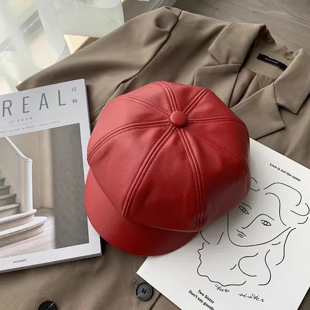 CAROLIEN - Dames Koreaanse Stijl PU Lederen Achthoekige Newsboy Muts