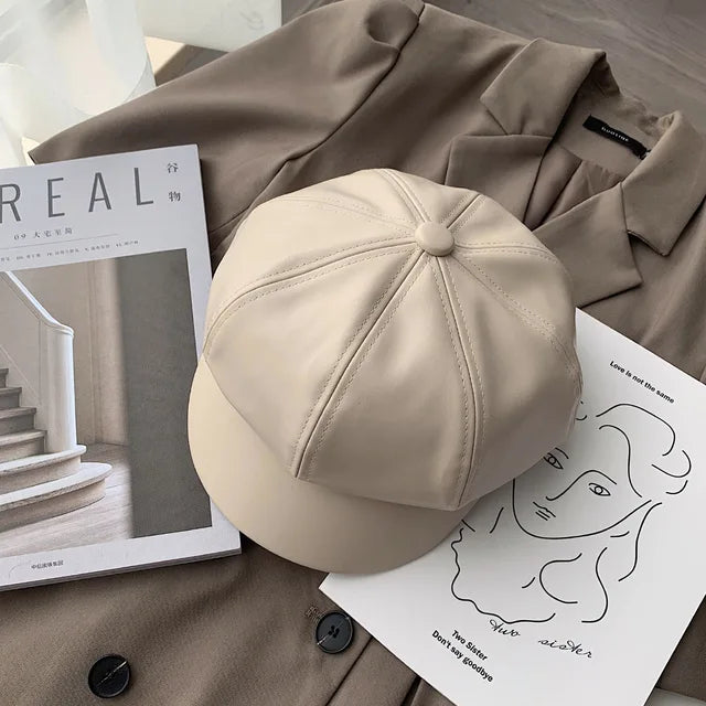 CAROLIEN - Dames Koreaanse Stijl PU Lederen Achthoekige Newsboy Muts